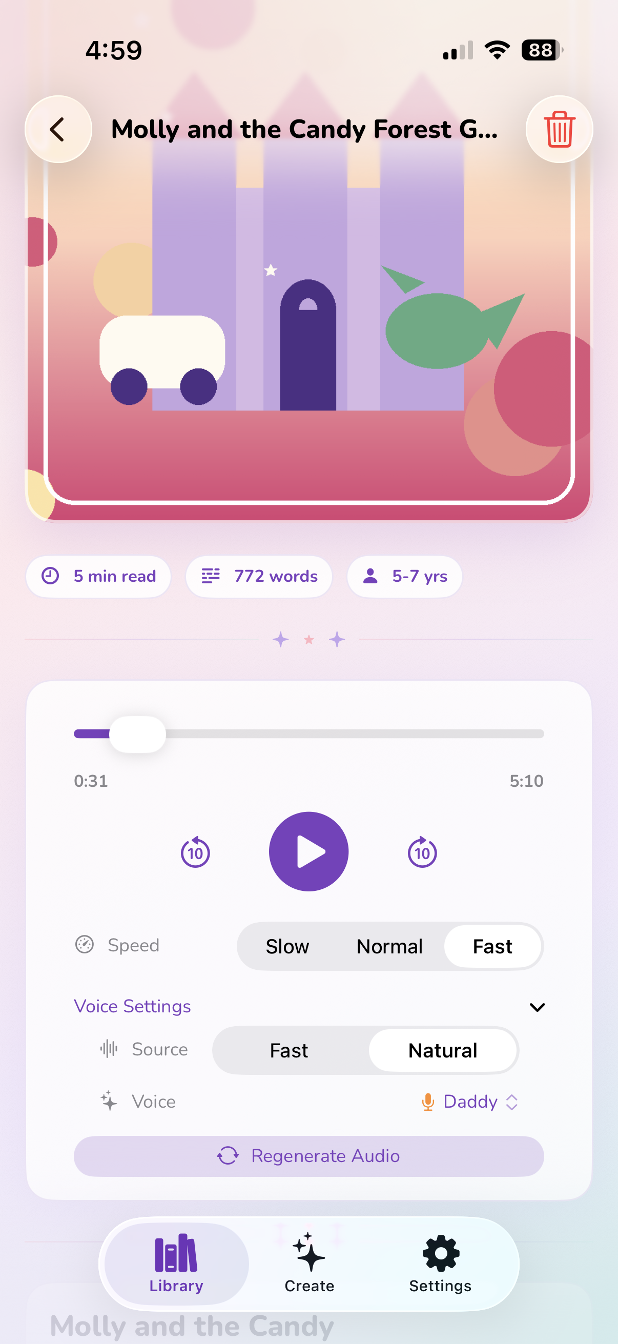 Moli app showing a personalised bedtime story